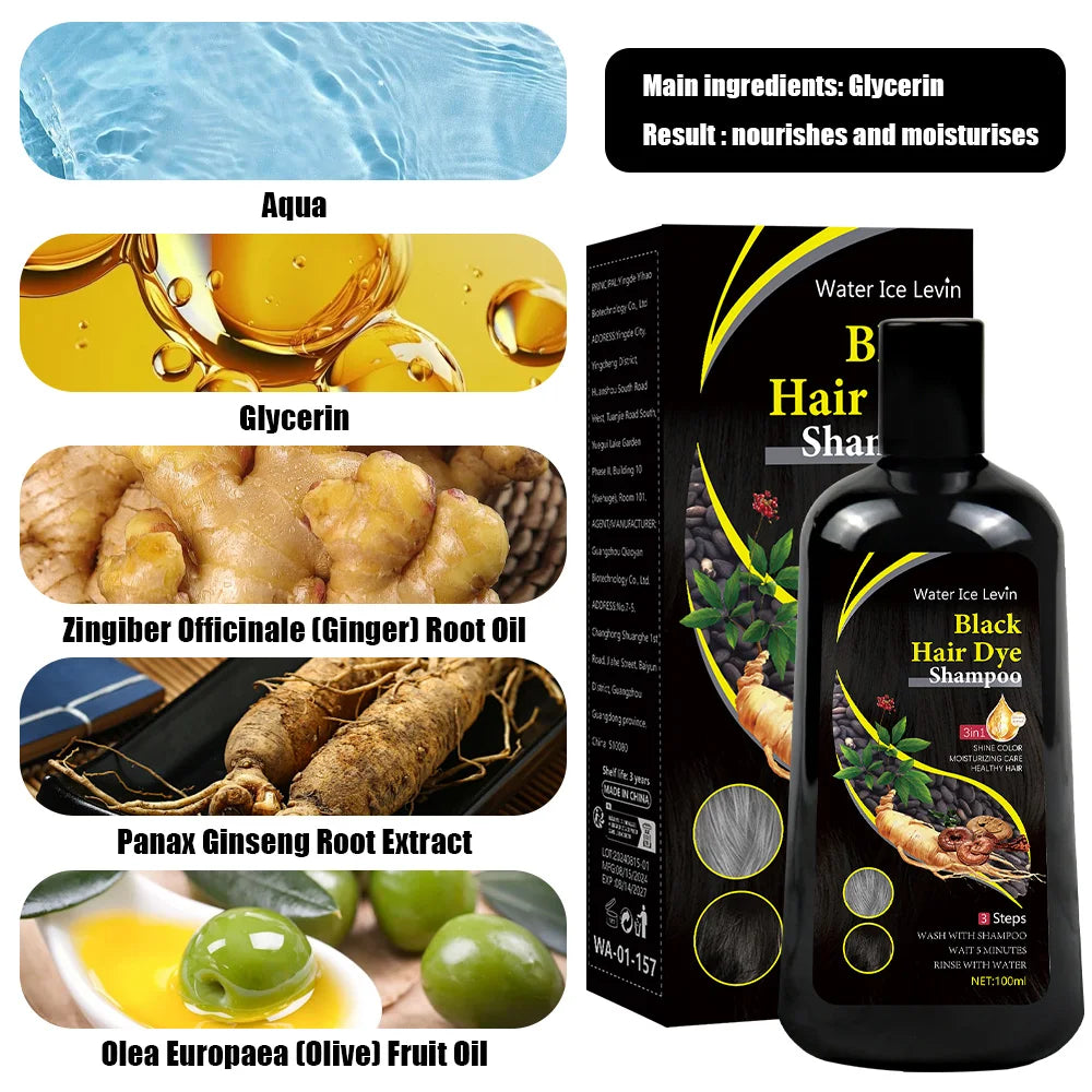 Black Hair Color Dye Hair Shampoo Cream Organic Permanent Covers White Gray